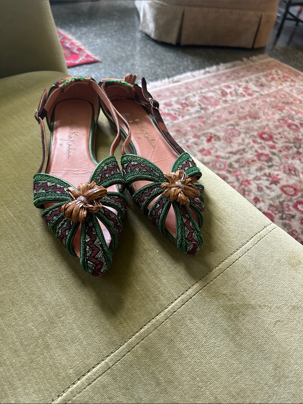 Green Braided Pointed Slingback Flats with Tan Flower Accent